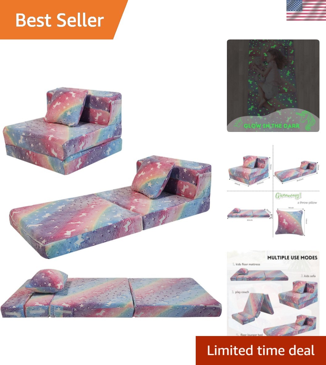 Glow Rainbow Unicorn Tri-fold Sofa Bed for Kids, Foldable Futon Mattress, Cha…