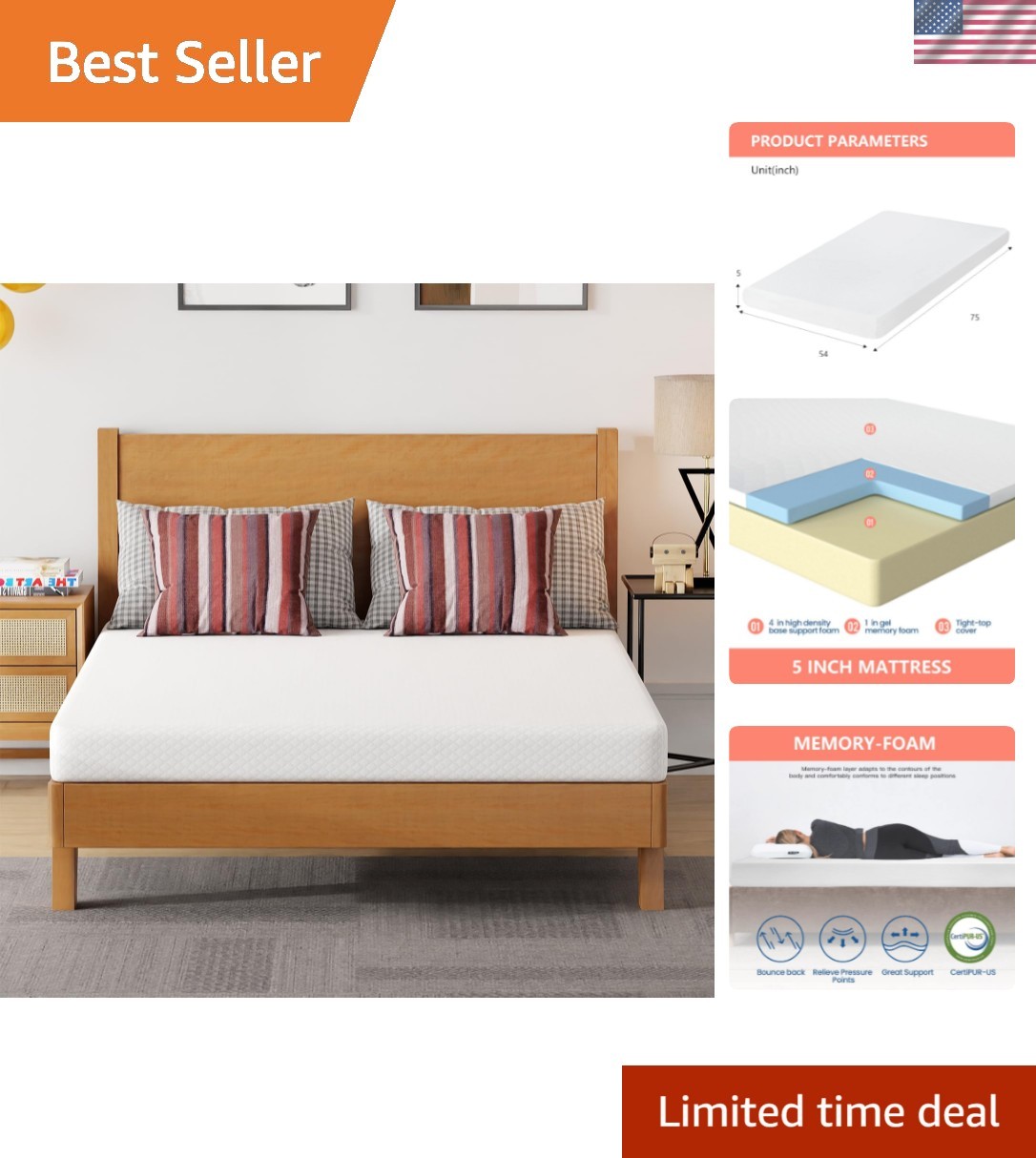 5-Inch Medium Firm Full Mattress – Gel Memory Foam, Cooling & Pressure Relief