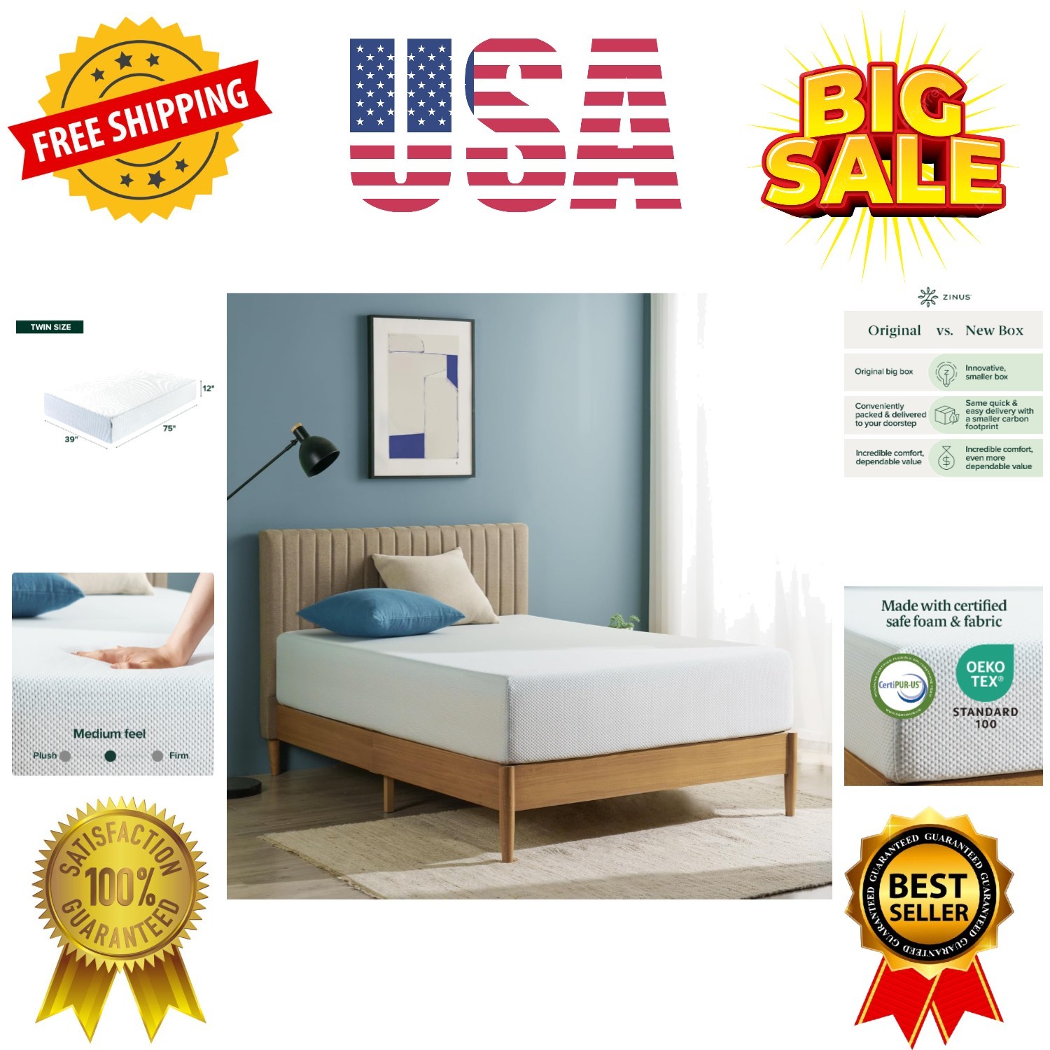 12 Inch Green Tea Cooling Memory Foam Mattress [New Version], Twin, Fiberglas…