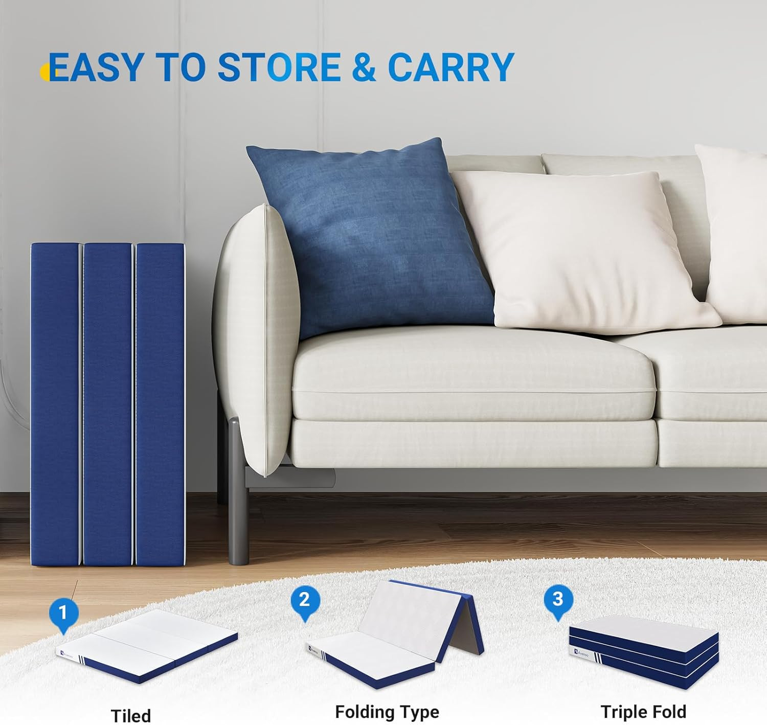 Portable 4″ Memory Foam Trifold Mattress for Travel, Camping & Guests 75″x25