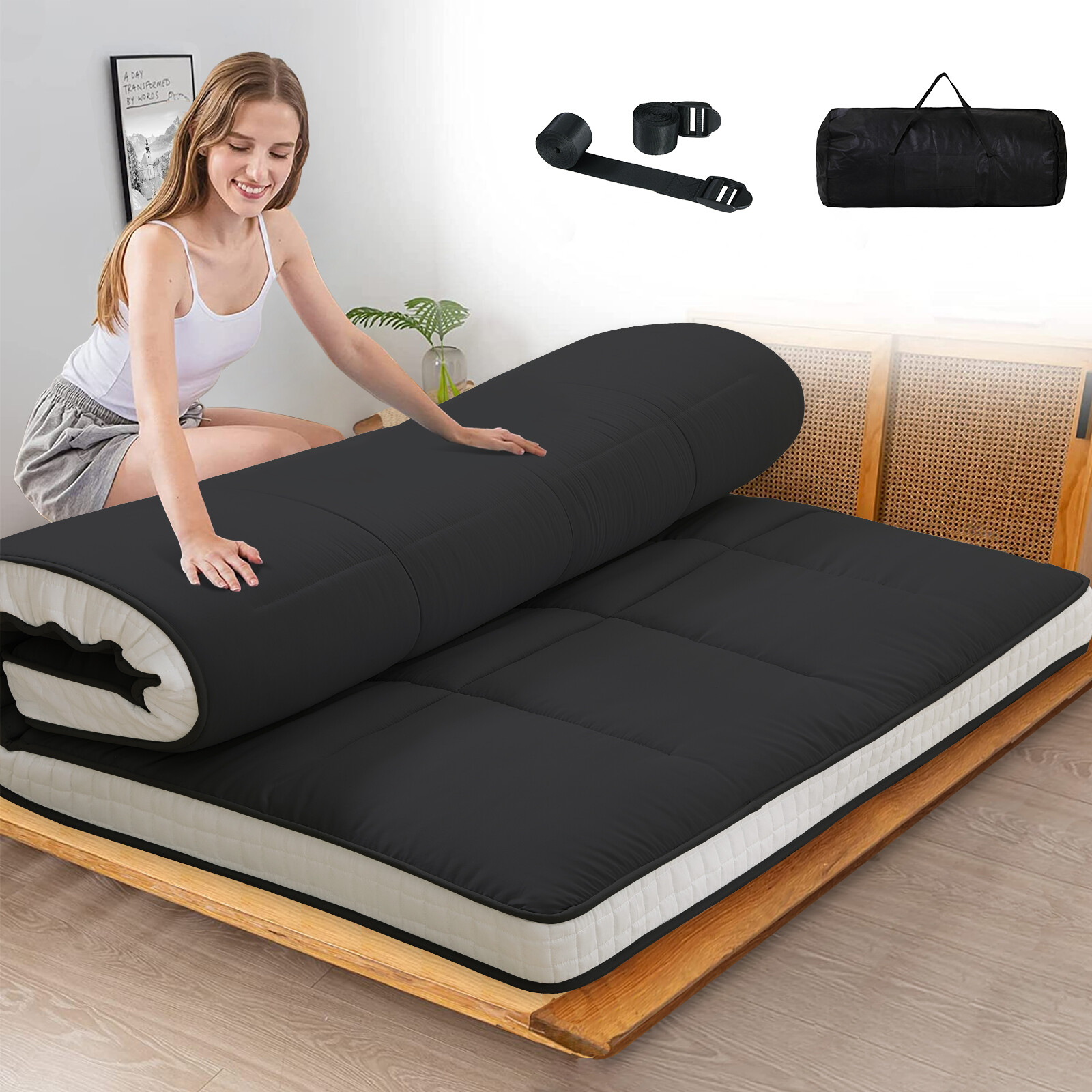 MOPHOTO Japanese Floor Mattress Wave Quilting Shiki Futon Twin Size Black Mat