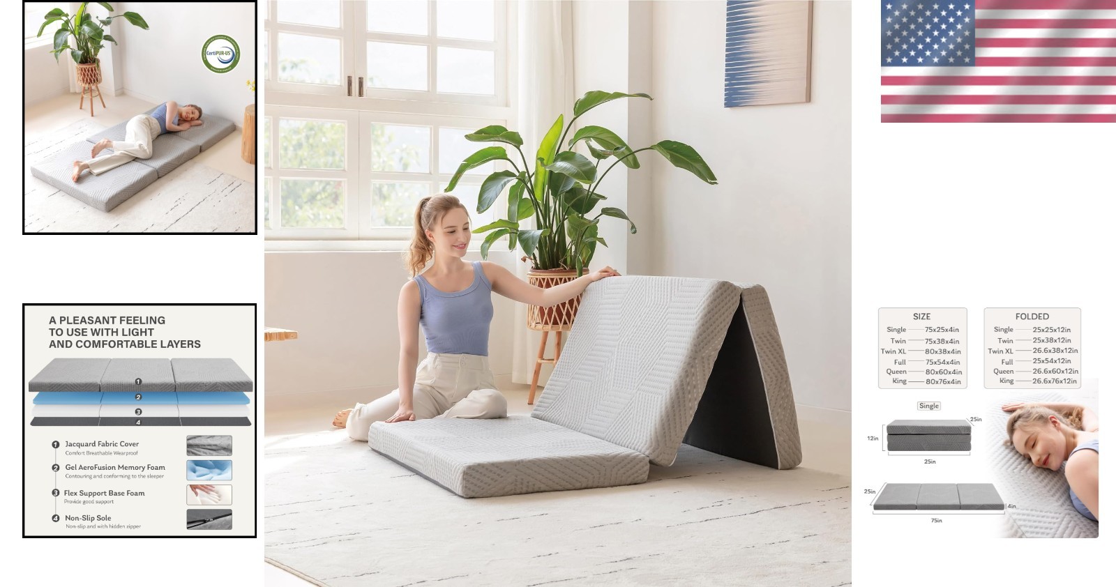 Compact 4 Inch Folding Memory Foam Mattress with Washable Cover, Grey – 75×25