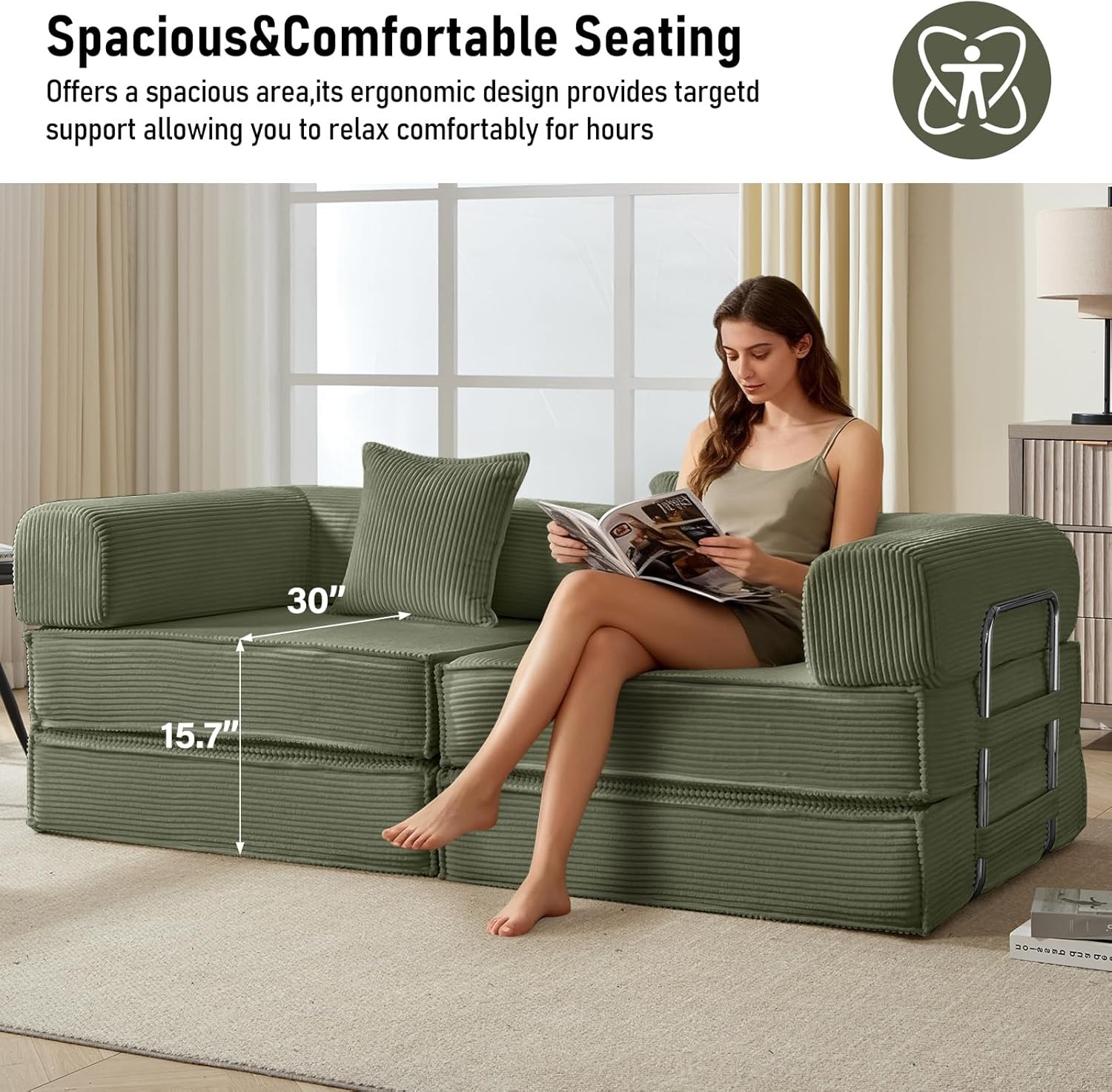 78″ Convertible Sleeper Sofa Bed, Modular Corduroy Couch with 2 Pillows,