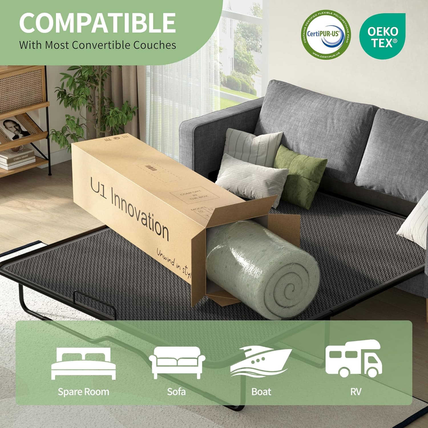 4 Inch Gel Memory Foam Sofa Mattress Full Size – Light Green & White Foldable Re