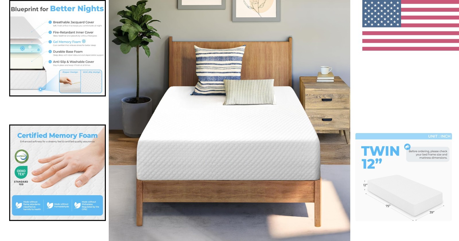 Eco-Friendly Twin Cooling Mattress – 12 Inch Memory Foam with Pressure Relief