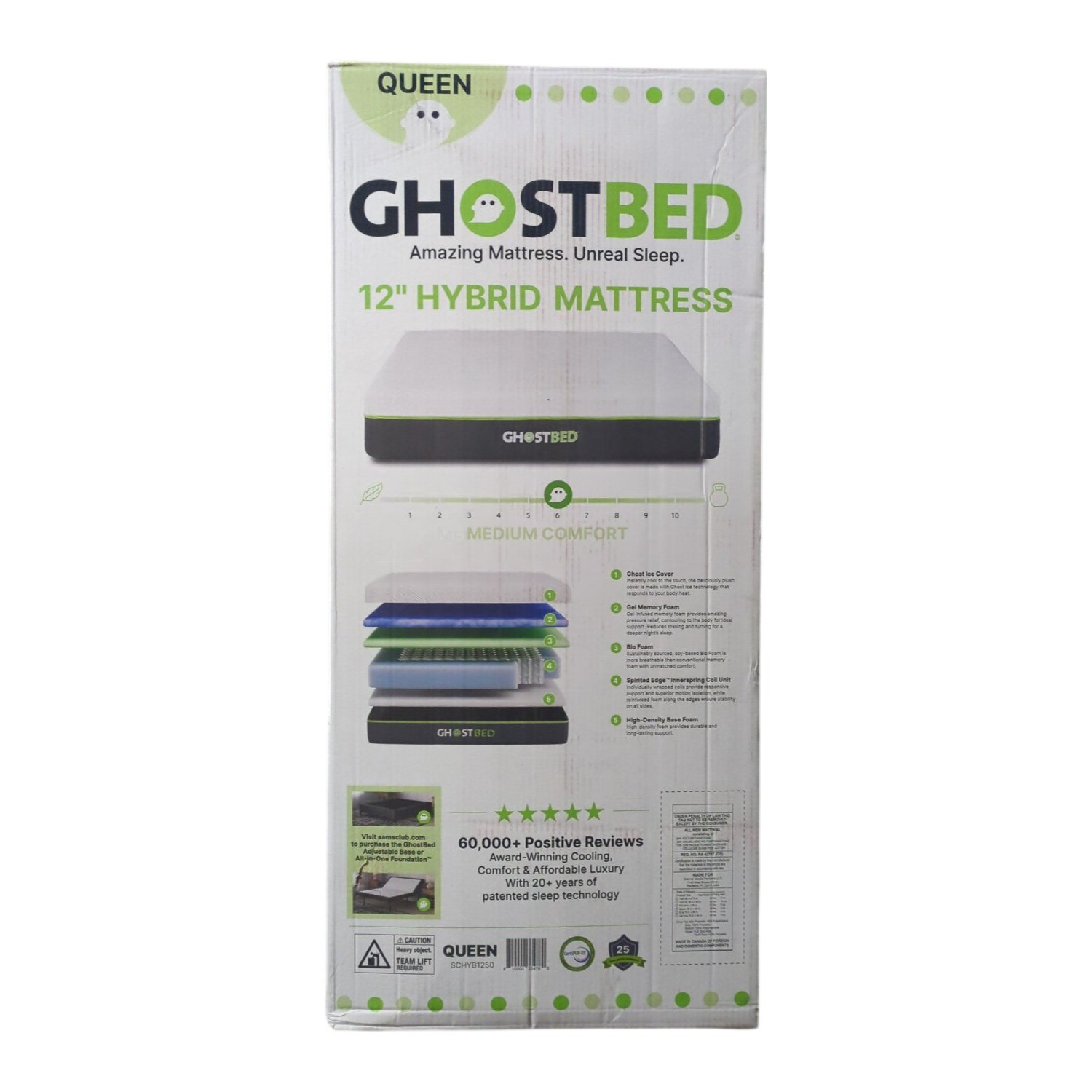 GhostBed Hybrid Gel Memory Foam & 6″ Spring Mattress, Medium, Queen