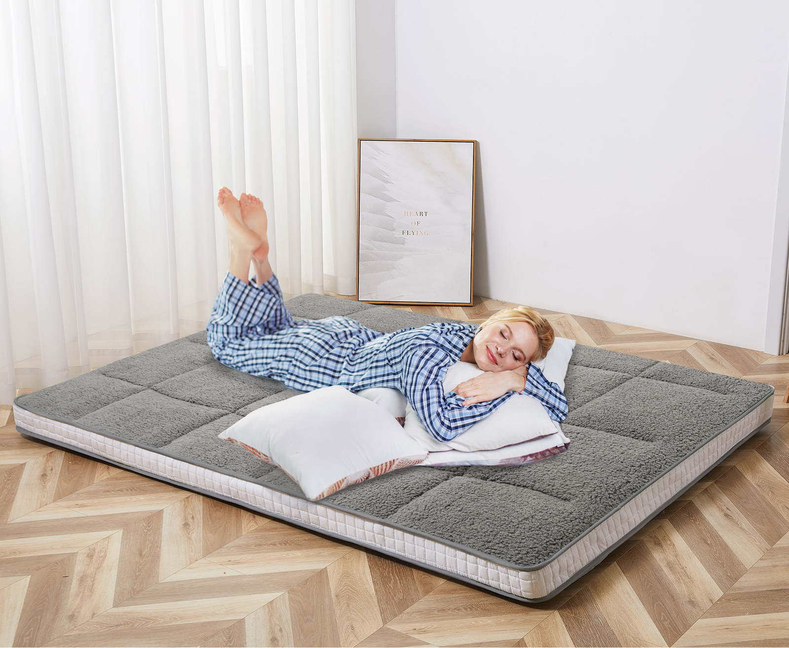 MOPHOTO Japanese Mattress Futon Mattress Foldable Sherpa Fleece Mattress Topper