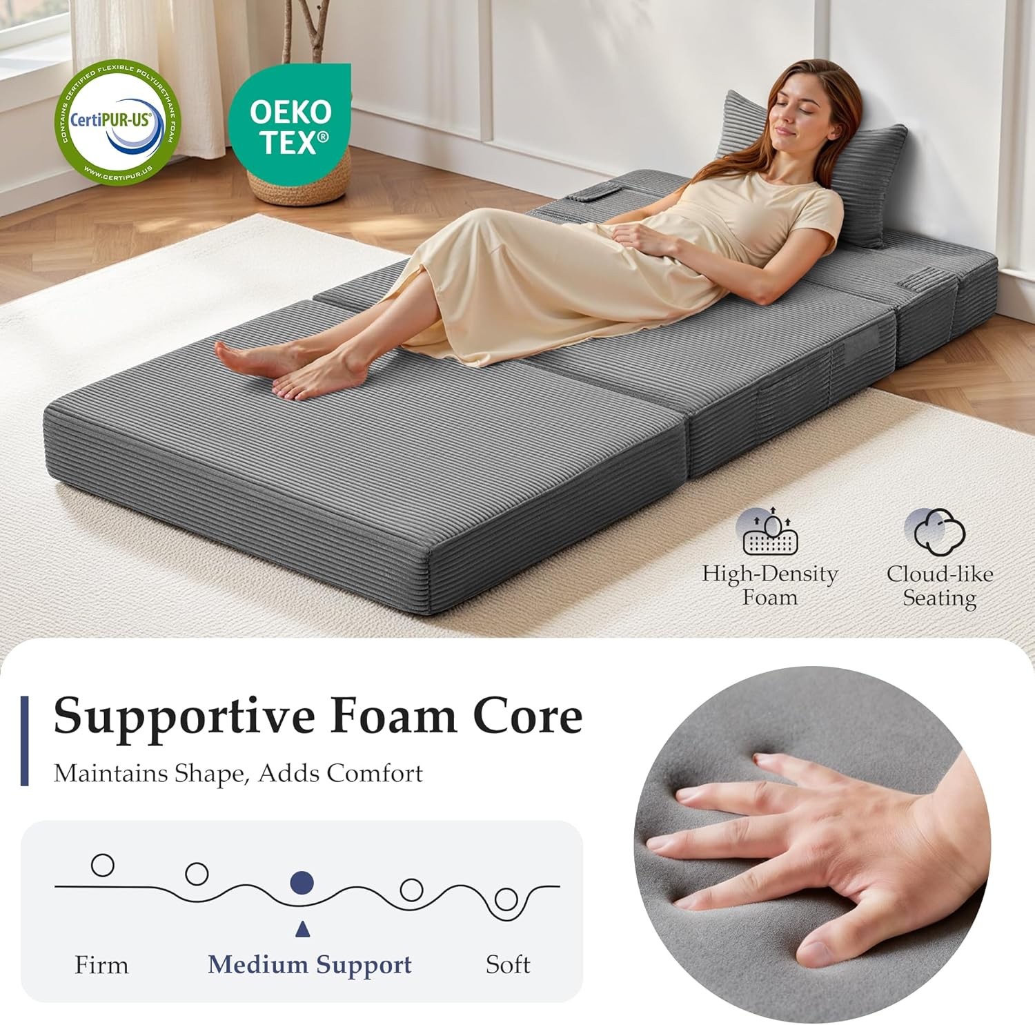 Folding Sofa Bed Convertible Sleeper Chair with Pillow, 4-in-1