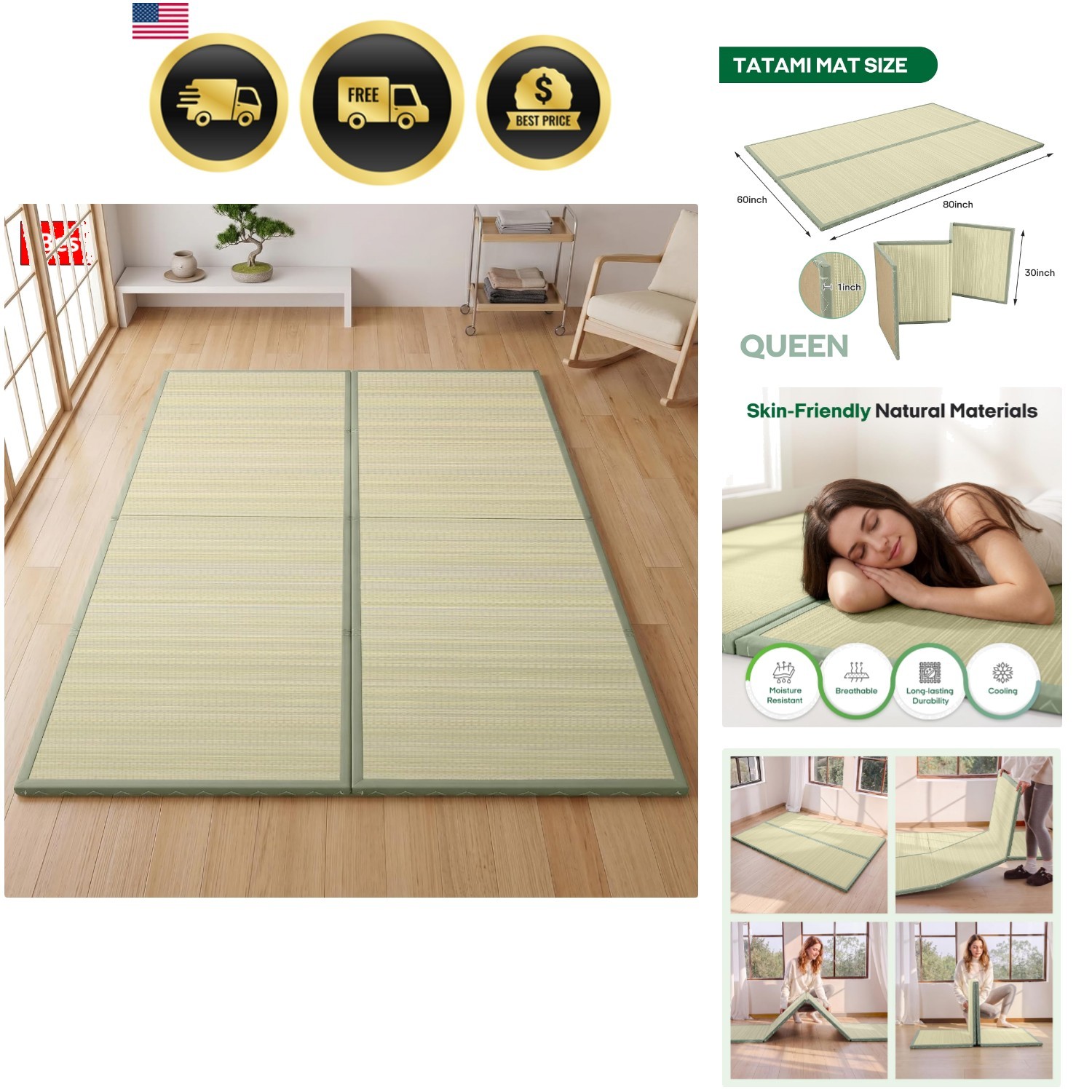 Japanese Tatami Mat, Foldable Floor Sleeping Pad Futon Mattress, Made from Na…