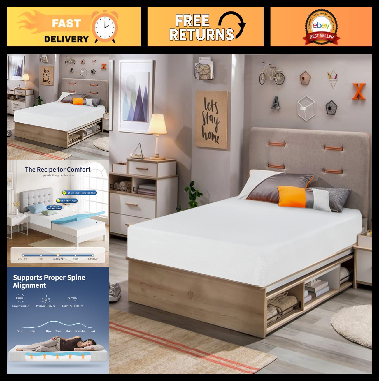 FDW 8 Inch Twin Gel Memory Foam Mattress Medium Firm Cooling White