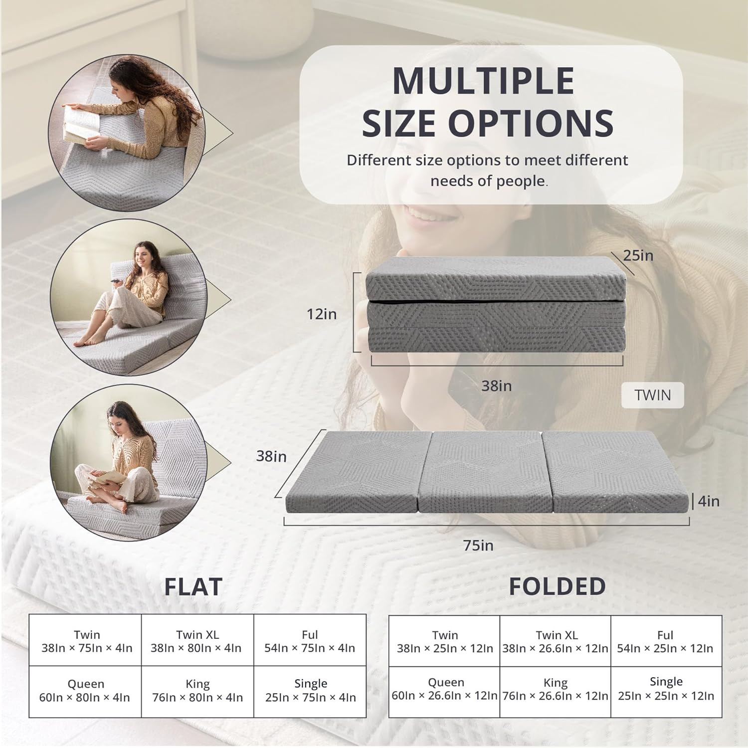Folding Mattress, 4 Inch Single Tri Folding Memory Foam Mattress for Camping Gue