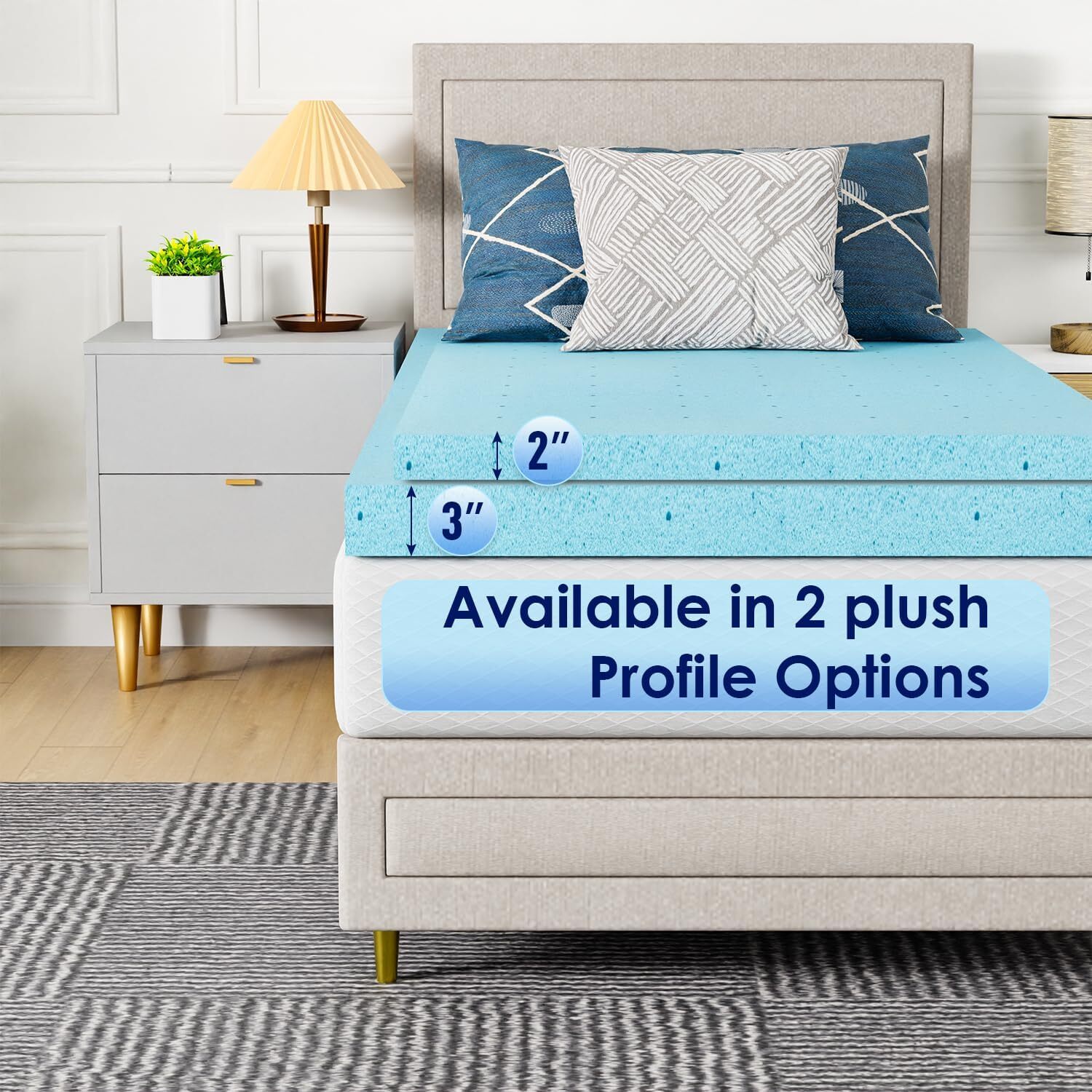 3″ Gel Memory Foam Mattress Topper Infused Ventilated Design Mattress Pad Blue