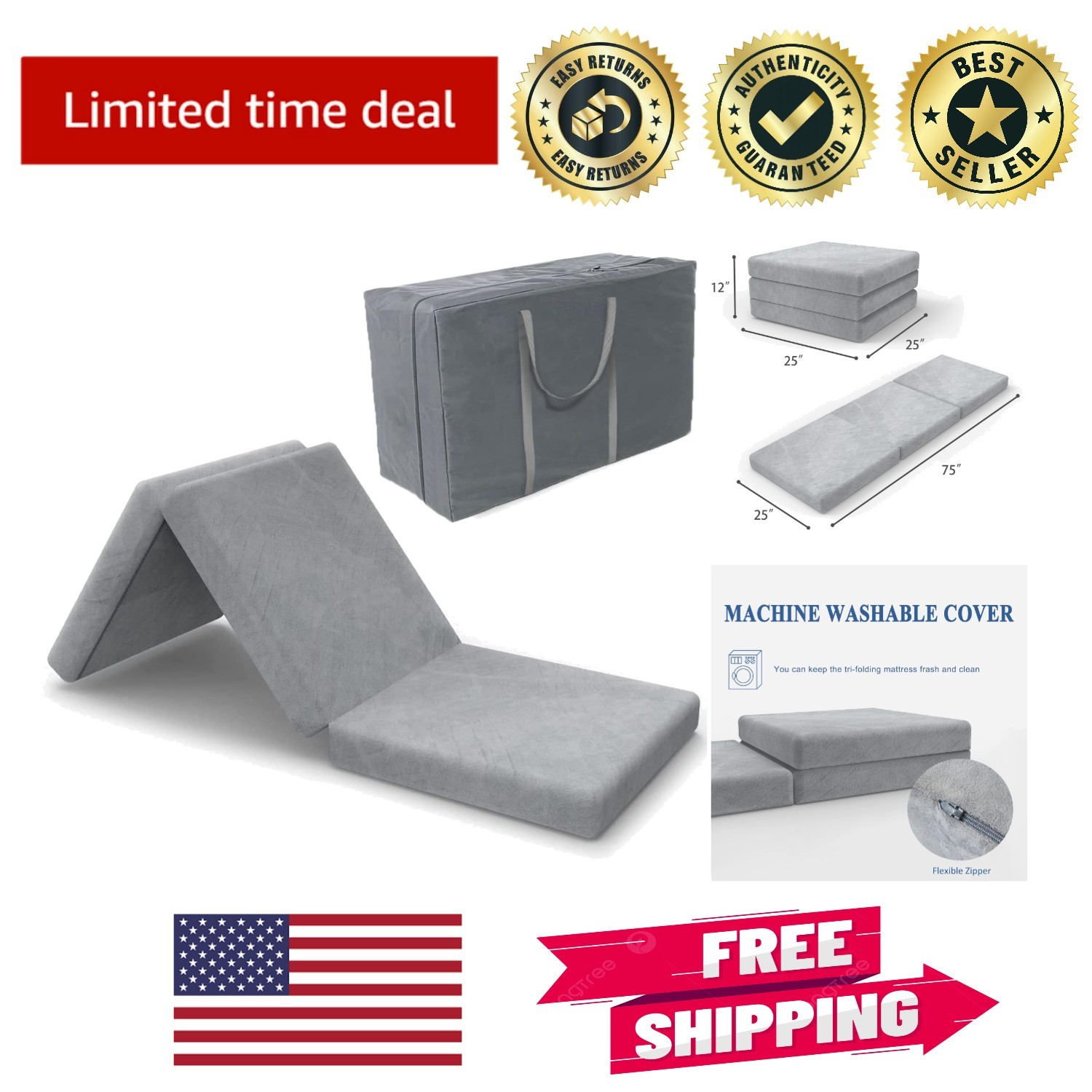Waterproof Tri-Fold Mattress for Guests – 25×75 Inch, CertiPUR Certified