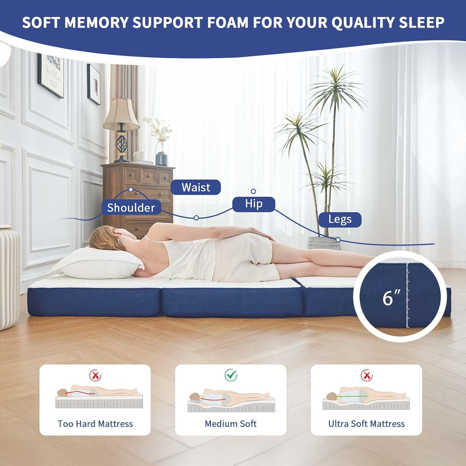 Folding Mattress Full Size, Memory Foam 6 Inch Tri Portable Trifold Mattress Fut