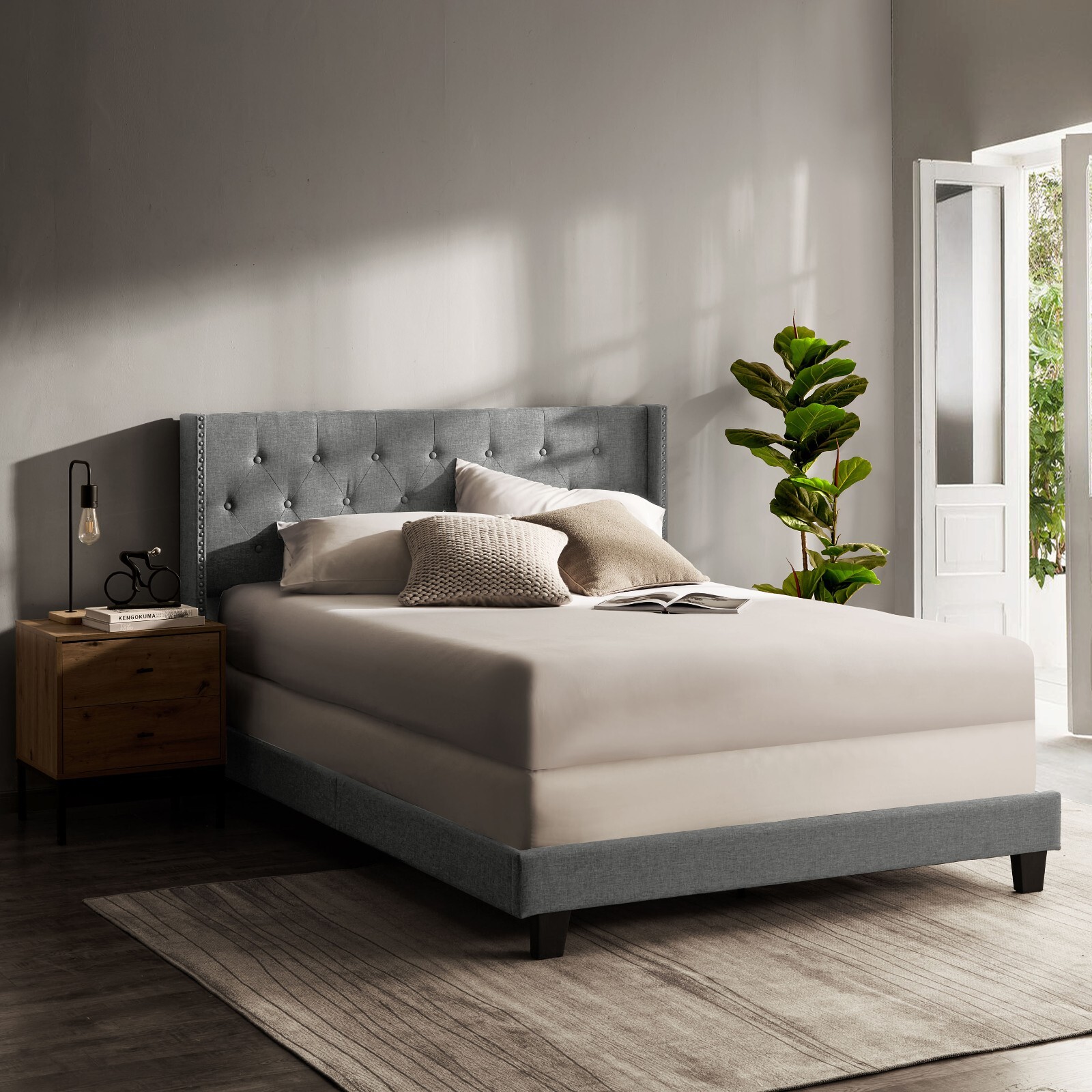 Bed Frame Wingback with Headboard & Green Tea Memory Foam Mattress 8″ 10″ 12″