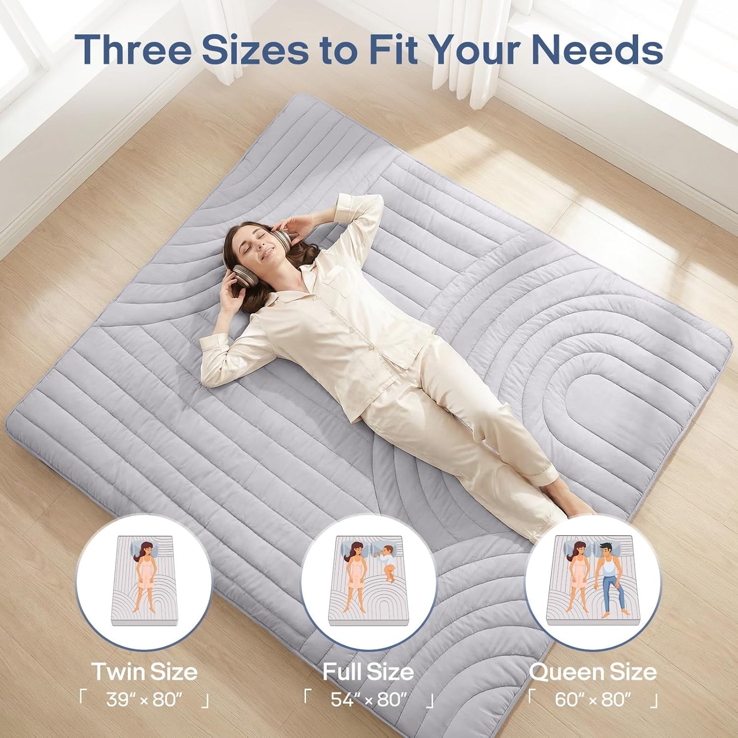 Portable Full Japanese Floor Bed, 5-Layer Plush, Removable Washable Cover