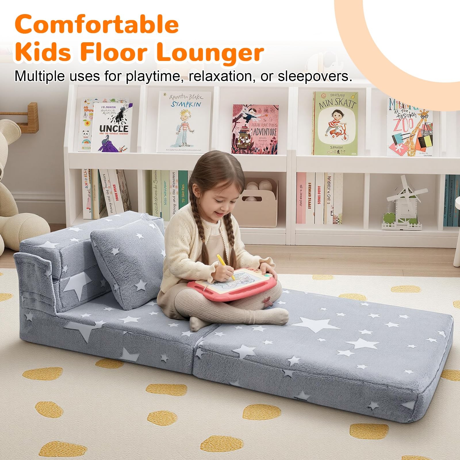 Kids Tri-Fold Sofa Bed – Glow Star Floor Mattress & Foldable Futon Chair Conv…