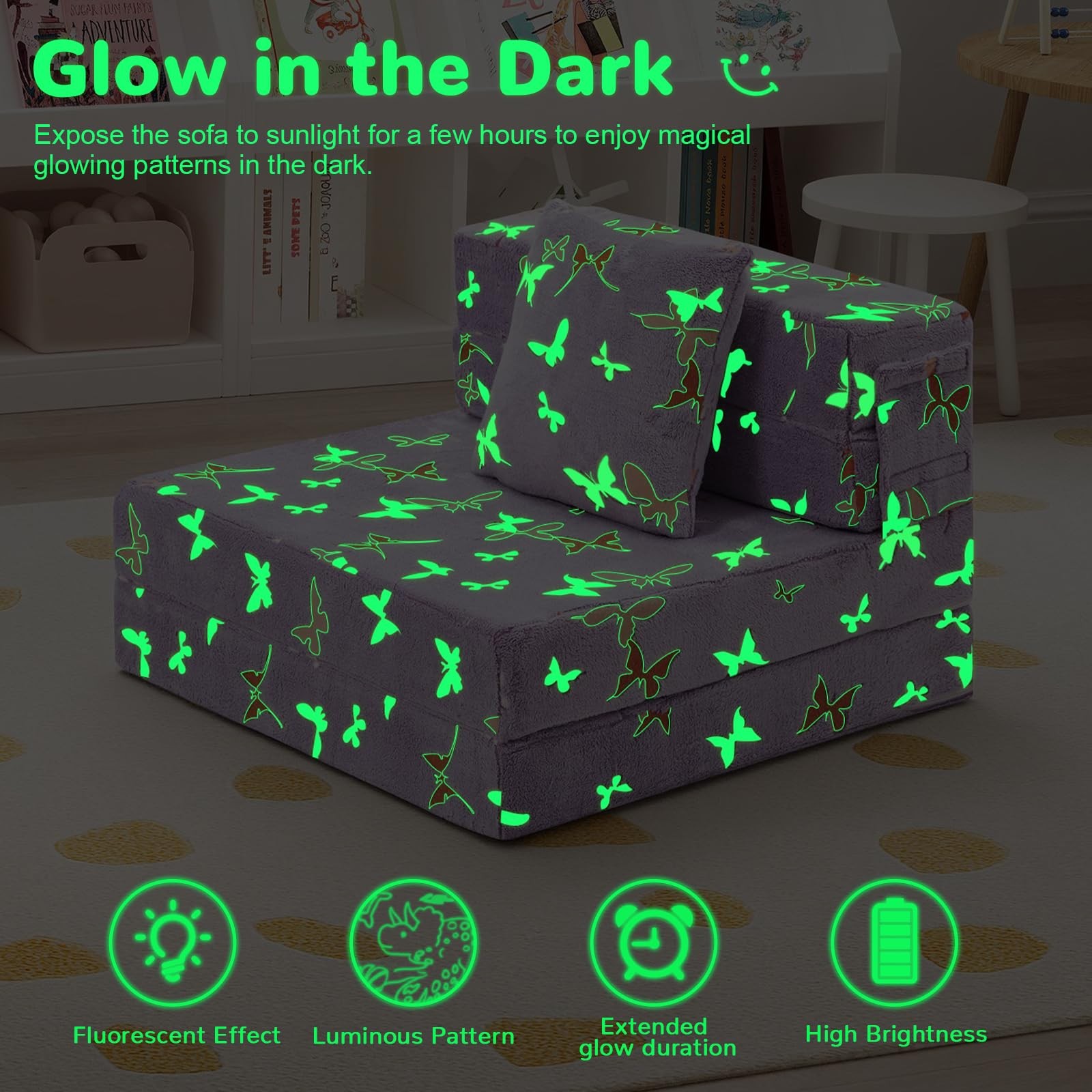 Foldable Futon Chair Bed for Kids, Glow Tri-fold Sofa Bed Convertible Toddler…