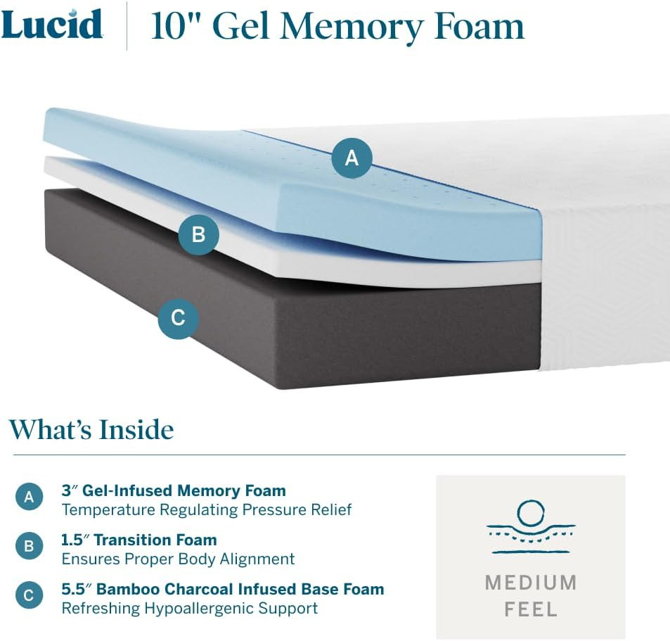 Queen 10″ Memory Foam Mattress – Bamboo Charcoal & Gel – Pressure Relief