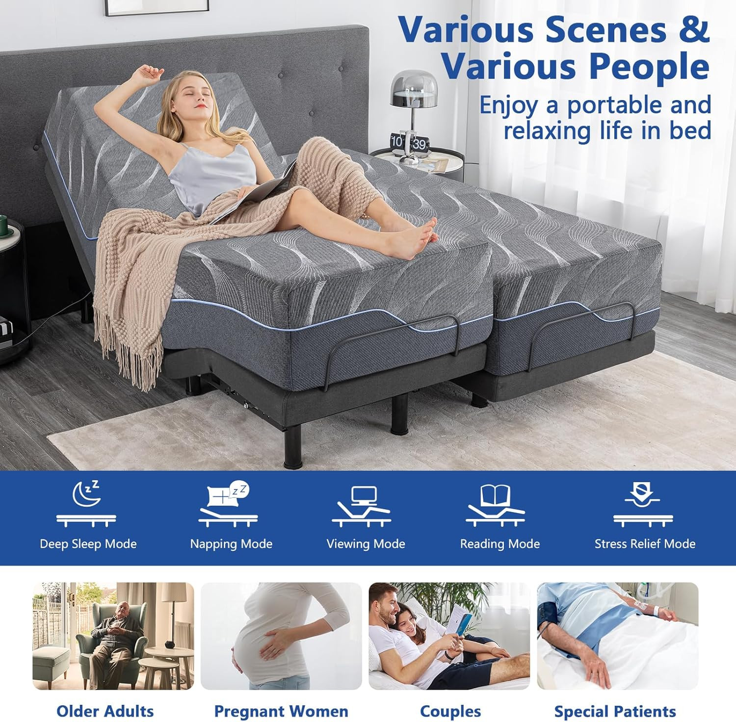 Split King Adjustable Bed & 14″ Gray Gel Memory Foam Mattress – Easy Assembly