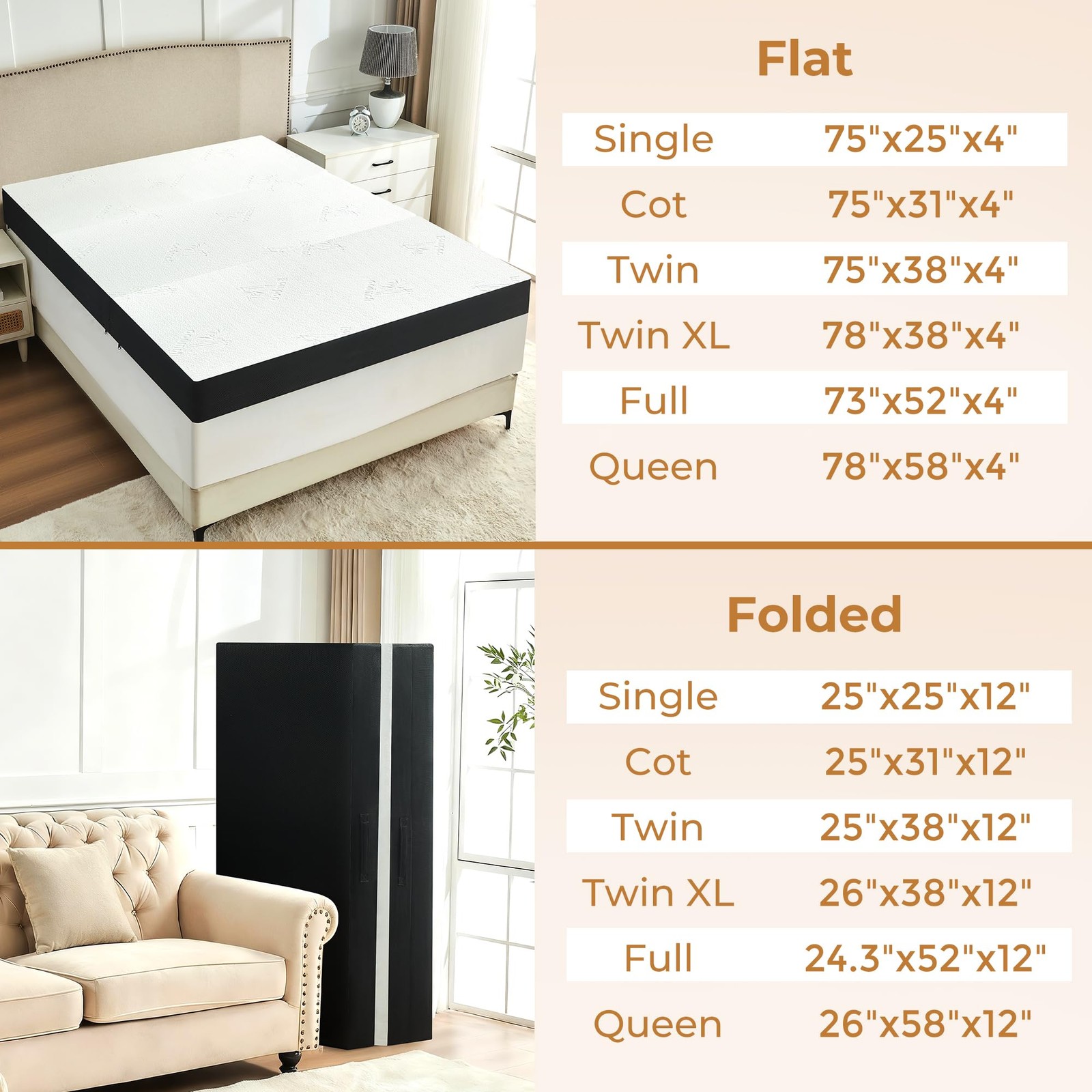 4 Inch Trifold Mattress, Full Size Foldable Memory Foam Mattress with Viscose…