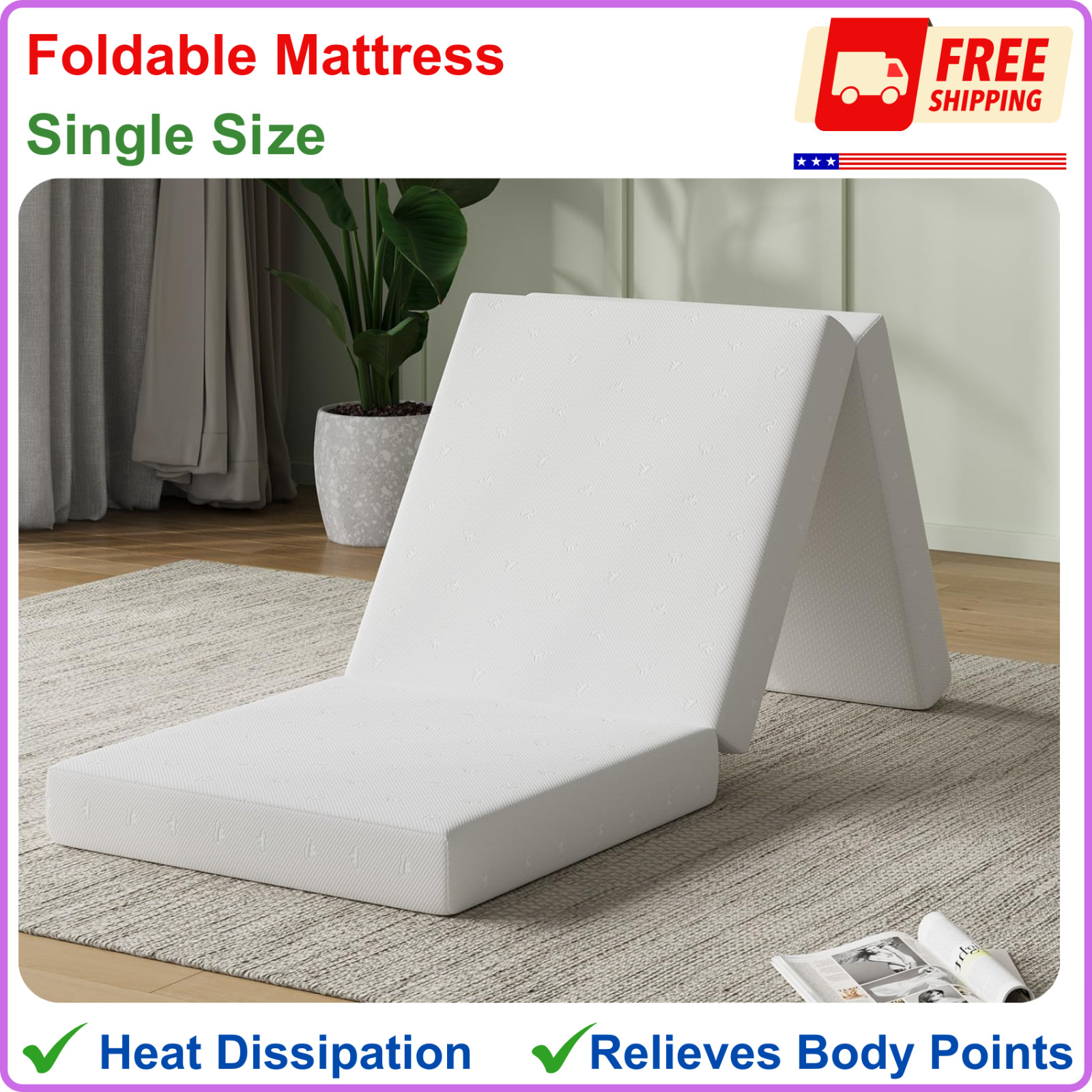 Foldable Mattress Single Size Comfort Foam Trifold Mattress w Cloud Design Cover