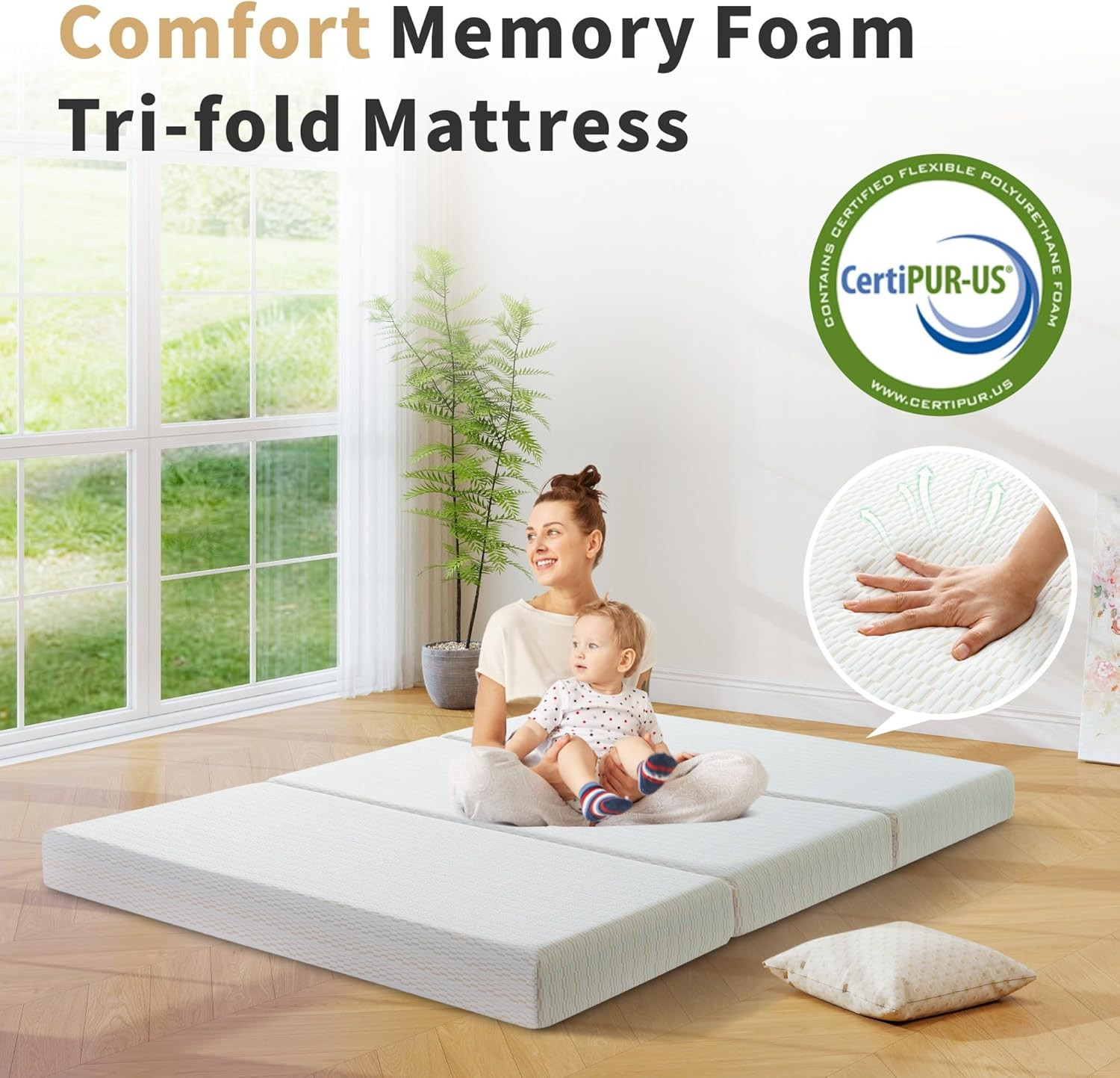 Portable 6″ Tri-Folding Queen Memory Foam Mattress with Washable Cover & Storage