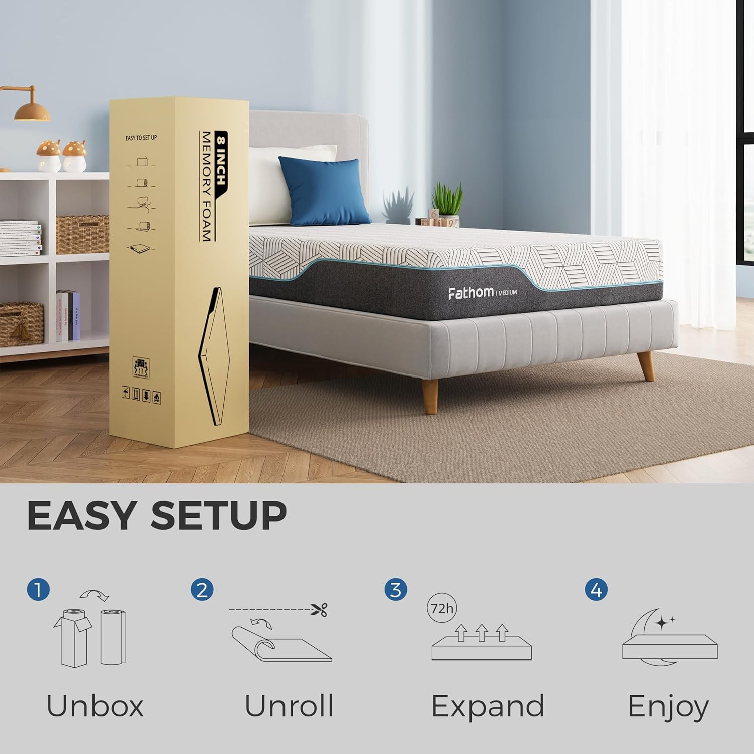 FATHOM Medium Queen Mattress 10 Inch Memory Foam Mattress Queen Size Bed in a Bo