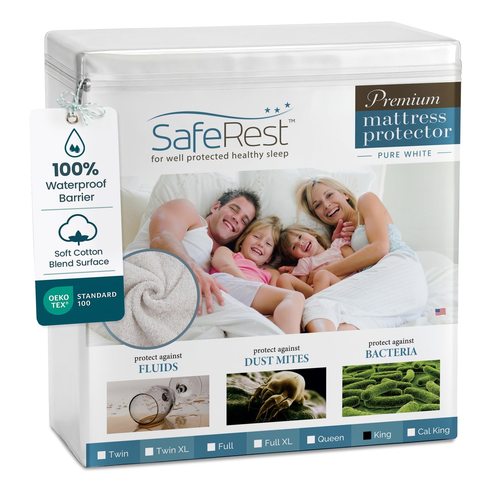 SafeRest Waterproof King Size Mattress Protector – Fitted King, Pure White