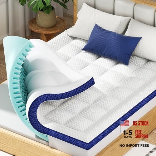 Mattress Topper Dual Layer 4 Inch Memory Foam Mattress Topper, King White-blue