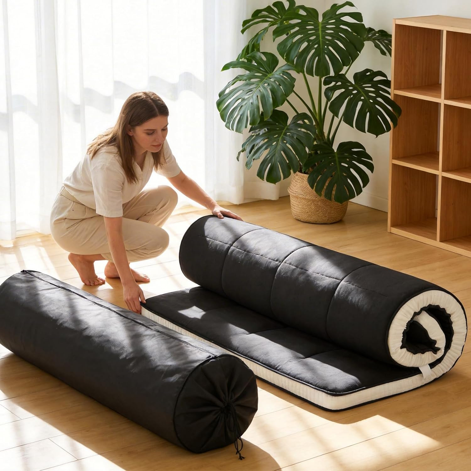 Queen Memory Foam Mattress Topper, 4″ Thicken Futon Floor Mattress with Storage