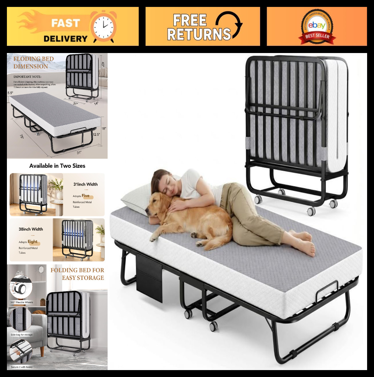 Portable Folding Bed with Memory Foam Mattress, Twin Size Rollaway Guest Bed on