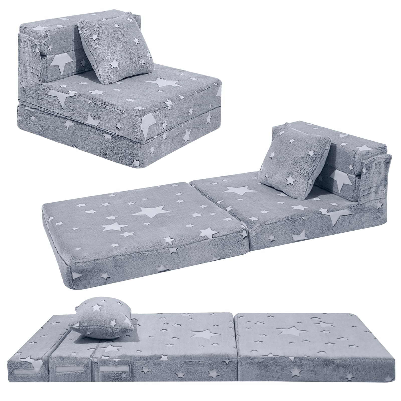 Kids Tri-Fold Sofa Bed – Glow Star Floor Mattress & Foldable Futon Chair Conv…