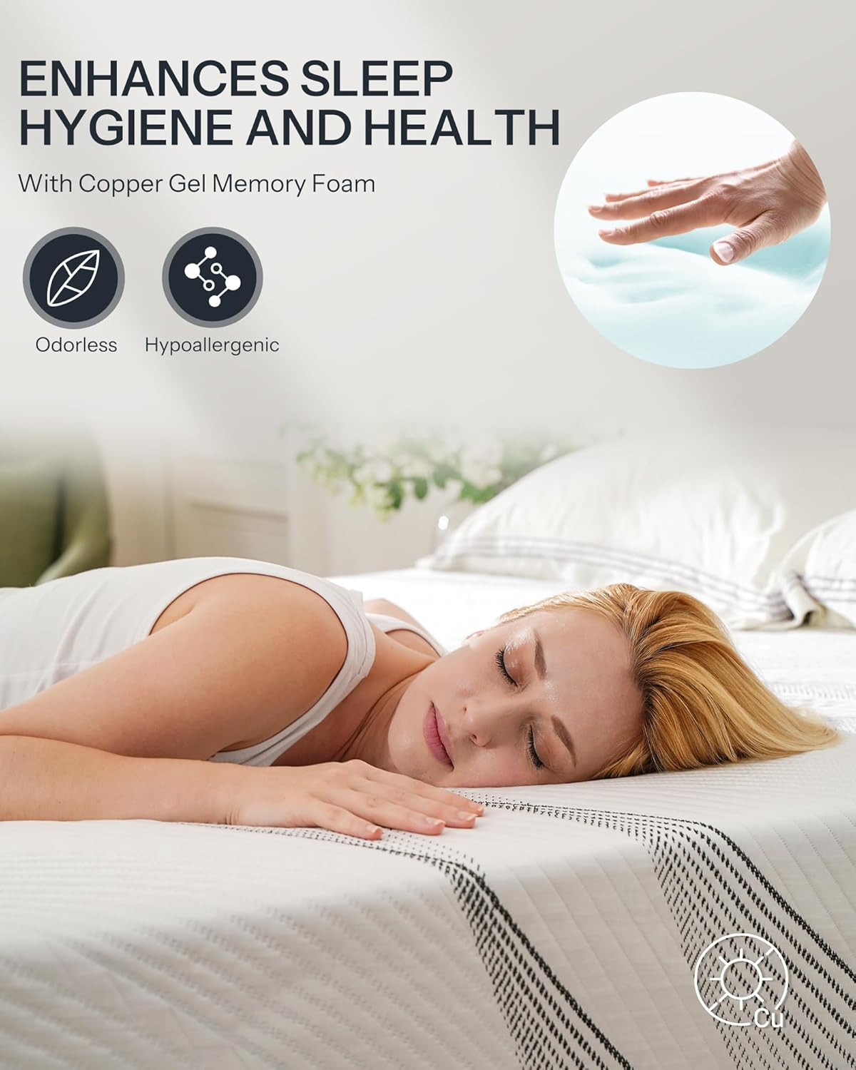 12″ Queen Hybrid Mattress – Copper Gel Memory Foam, Hypoallergenic & Odorless