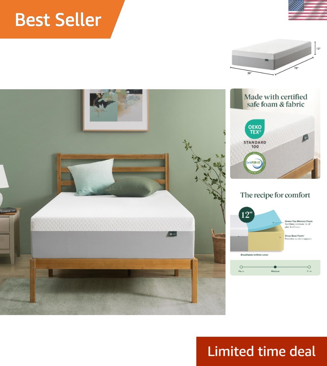 12 Inch Green Tea Memory Foam Mattress – Breathable, Fiberglass Free, Twin Size