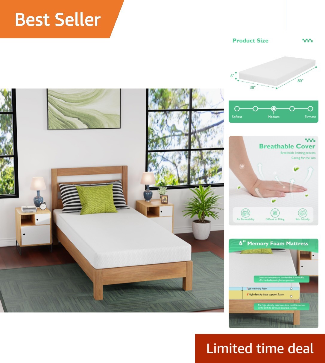 Twin XL Gel Memory Foam Mattress – 6 In, Pressure Relief & CertiPUR Certified