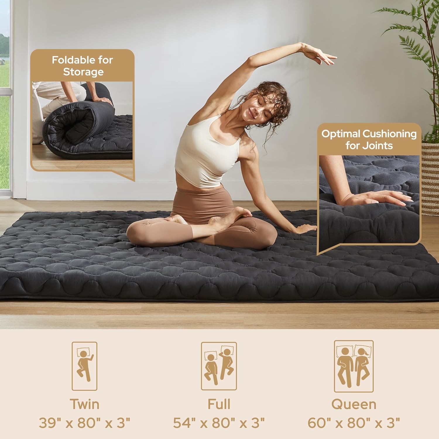 Japanese Floor Mattress, Futon Mattress Queen Size 3″ Thick Portable, Gray