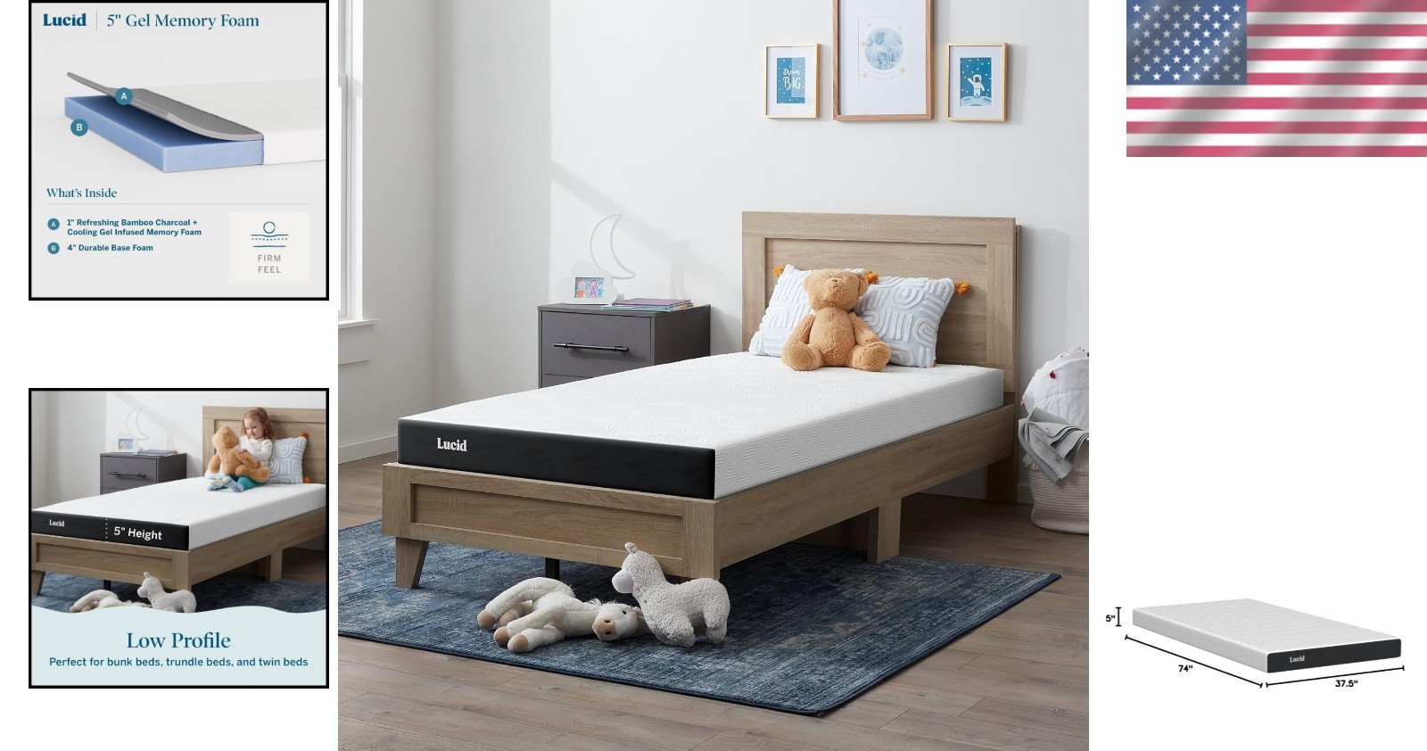 Memory Foam Mattress Twin Size Firm Gel Bamboo Charcoal Low Profile Bed in a Box