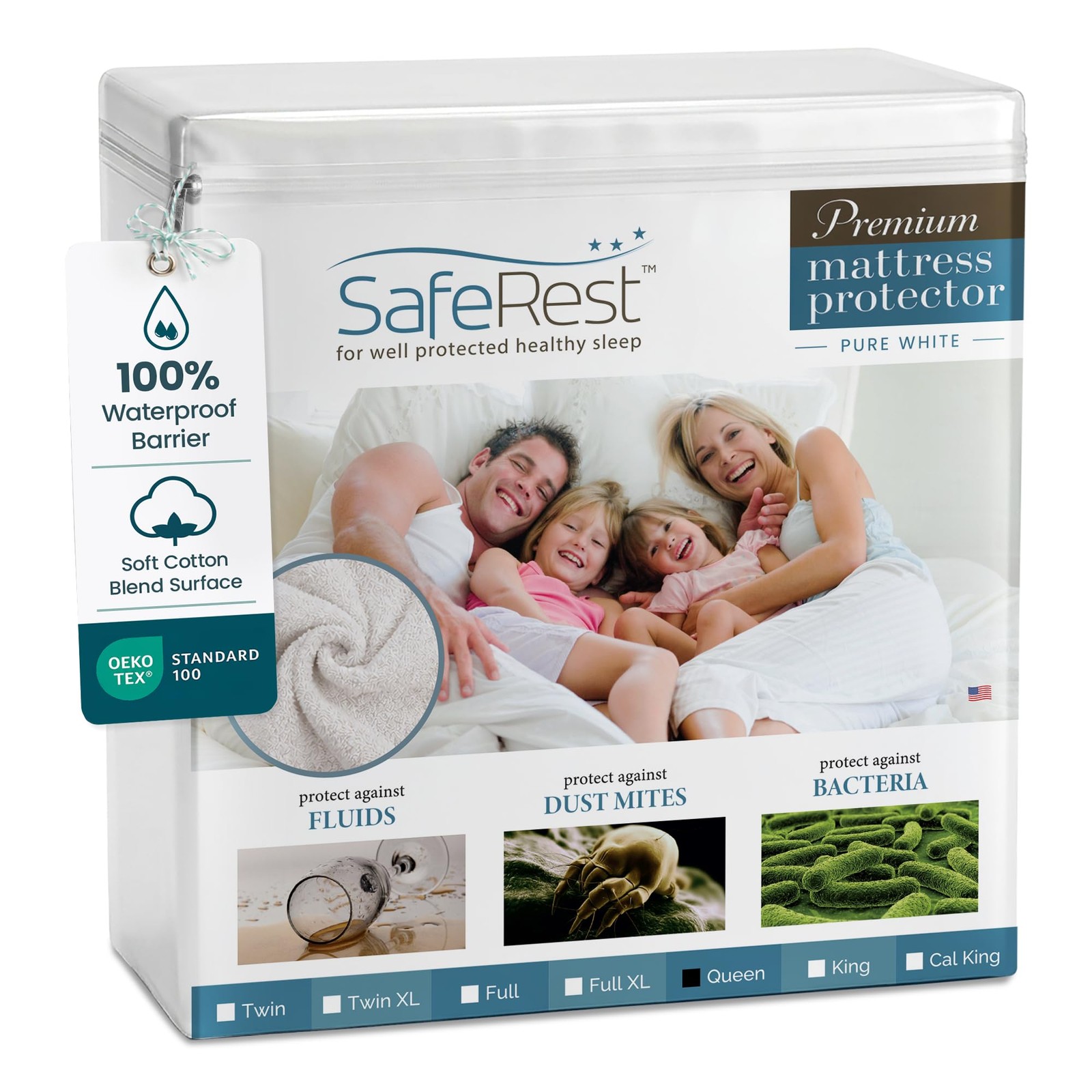 SafeRest Waterproof Queen Size Mattress Protector – Fitted Queen, Pure White