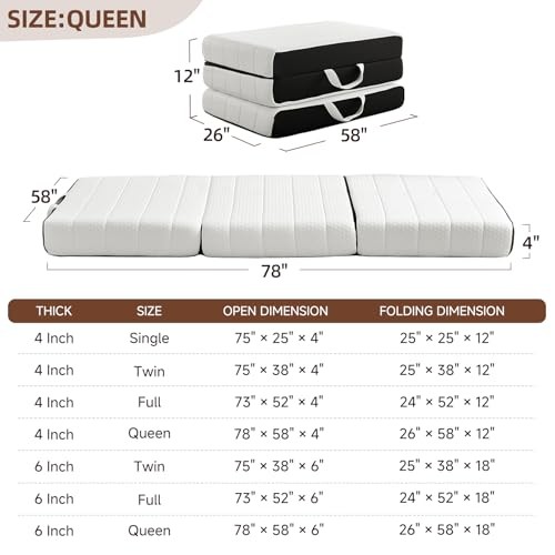 Foldable Mattress Tri-Fold Memory Foam Mattress Topper with Queen 4 Inch