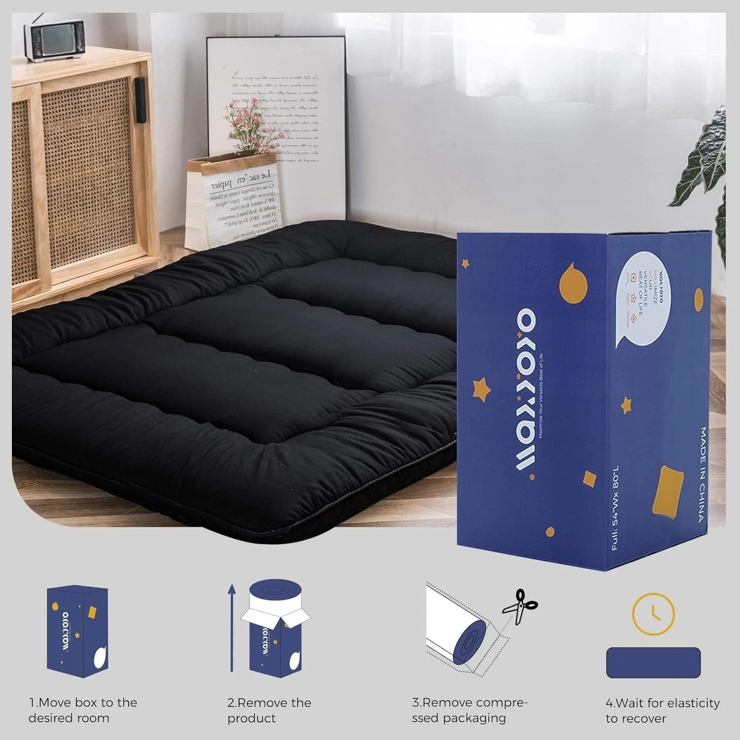 Japanese Floor Mattress Futon Mattress, 4″ Thicken Tatami Mat Sleeping Pad Fo…