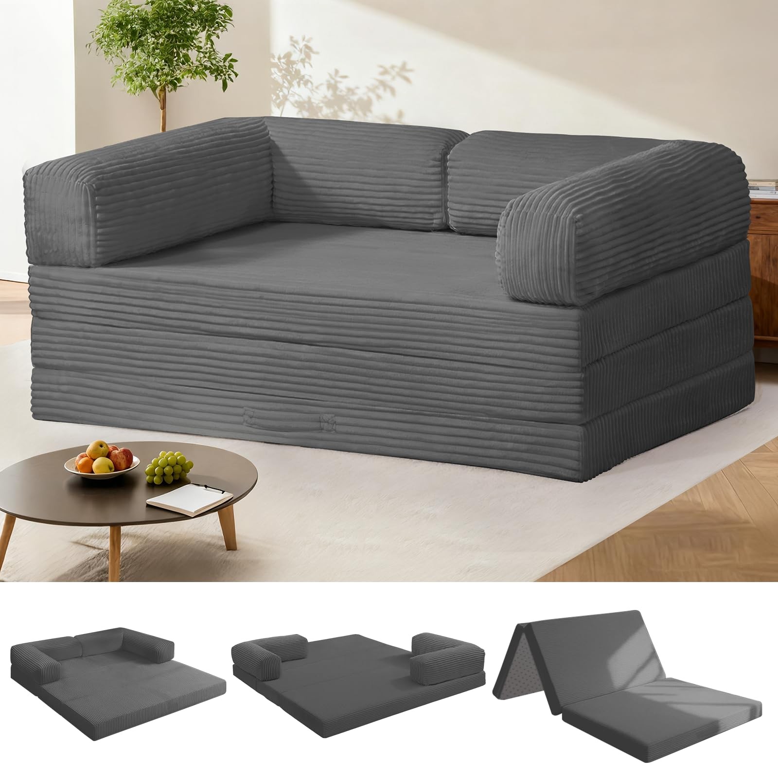 Tri-Fold Foldable Mattress, Convertible Folding Sofa Bed with Removable Arms …