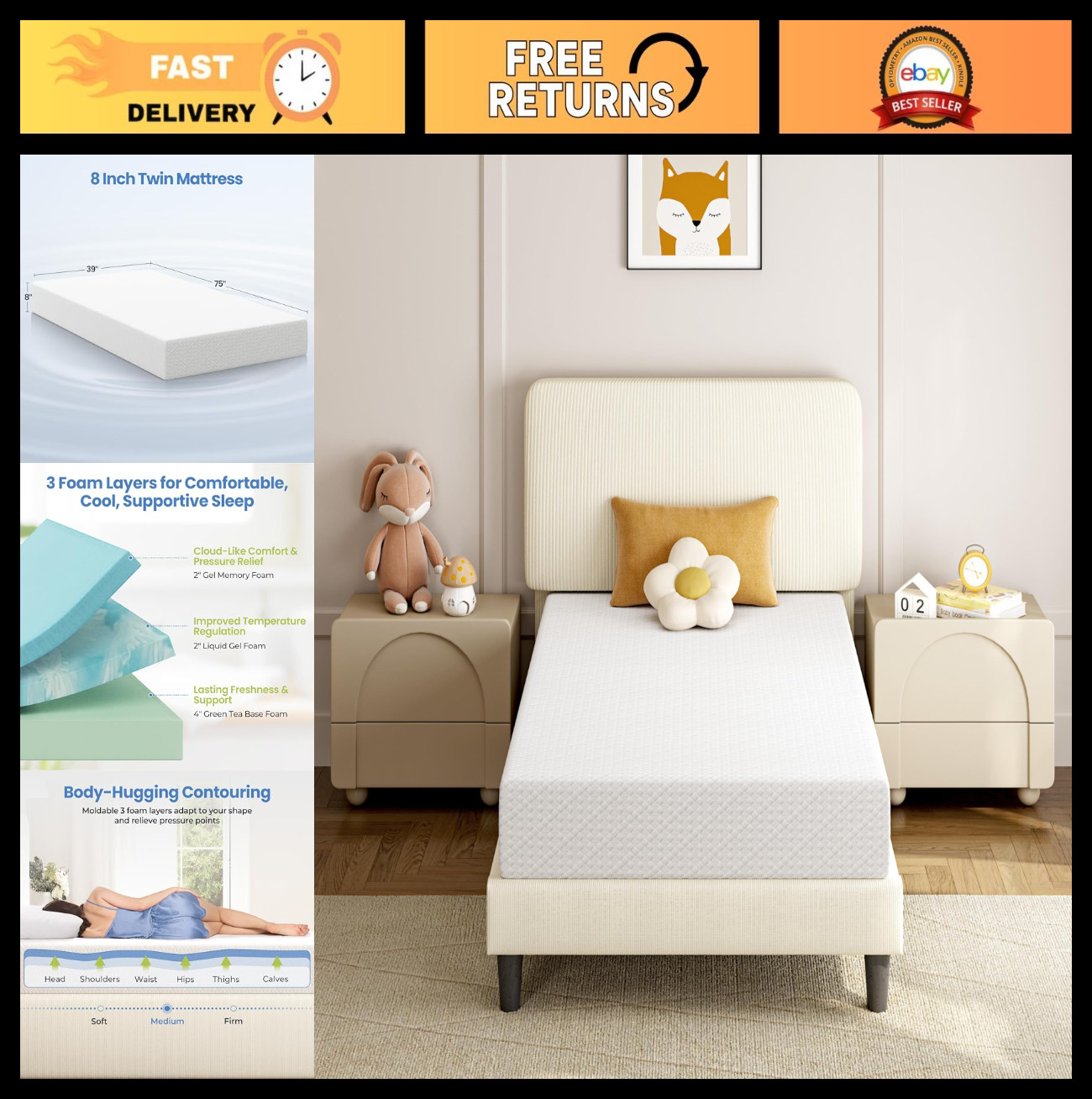 8″ Twin Mattress – 3 Layer Cooling Gel Memory Foam, Medium Firm, CertiPUR-US, Fr