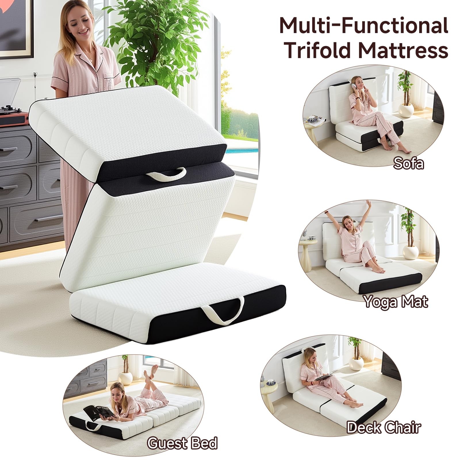 Foldable Mattress, Single Tri-Fold Memory Foam Mattress Topper with Washable …
