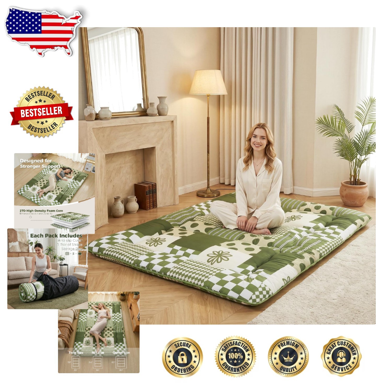 Foldable Japanese Floor Mattress Full 80″x54″ 2.5″ 3-Layer Foam Anti-Slip Cover