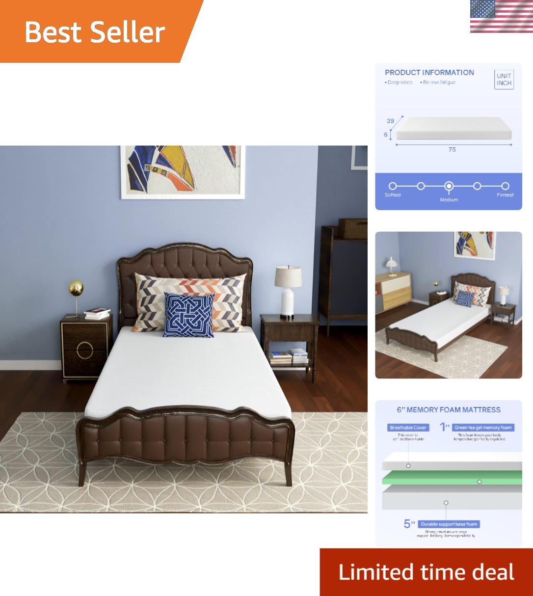 Green Tea Infused 6 Inch Twin Memory Foam Mattress – Pressure Relief & Cooling