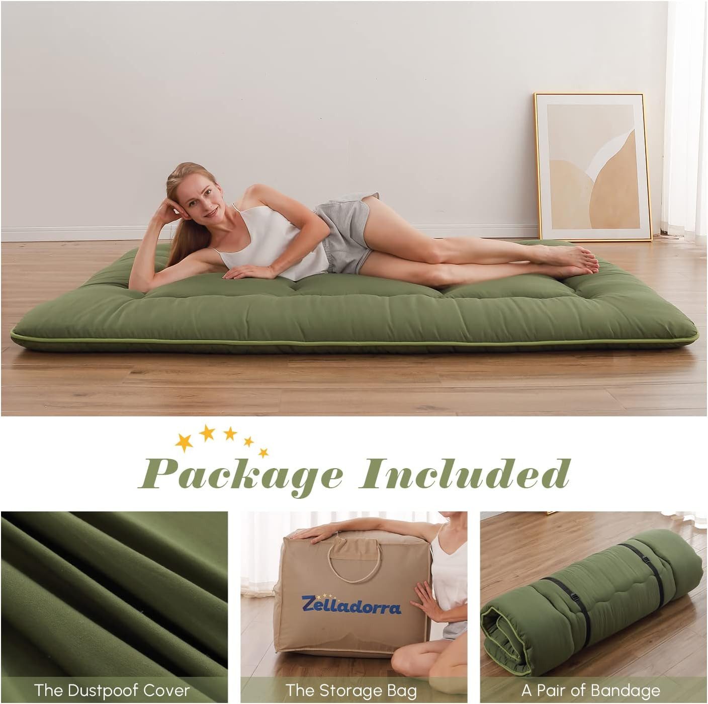 Japanese Floor Mattress, Futon Mattress with Portable Storage Bag and Washable C