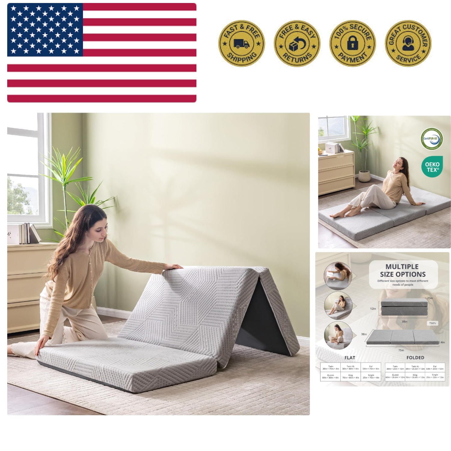 Folding Mattress, 4 Inch Twin XL Tri Folding Memory Foam Mattress for Camping…