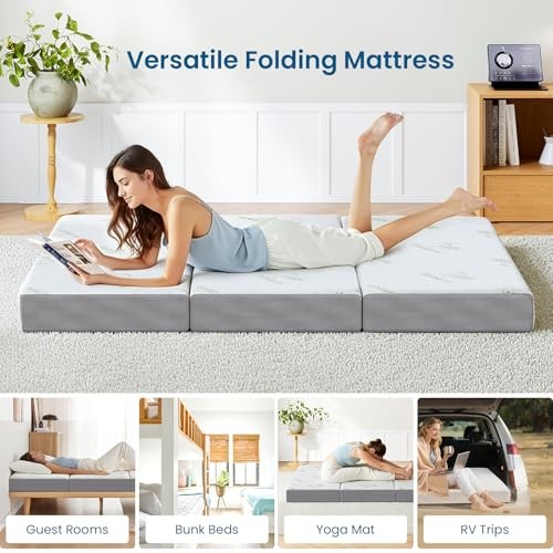 Trifold Mattress Size, 6 Inch, Portable Folding Mattress with Memory Queen