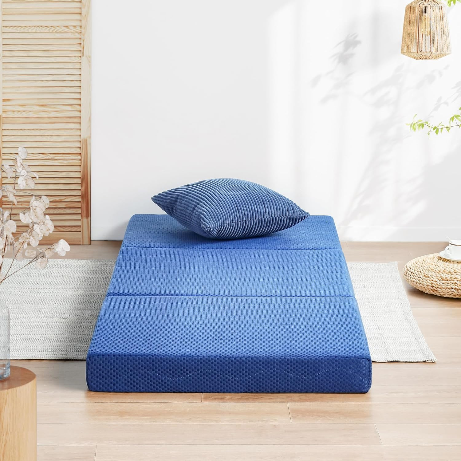 4″ Tri-Folding Gel Memory Foam Mattress Topper for Camping & Guests – Blue